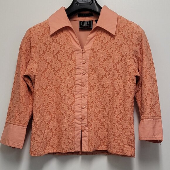 Bill Blass Classics Womens Crop Top Laced Size M Floral Stretch Button Up Lined - Picture 1 of 11